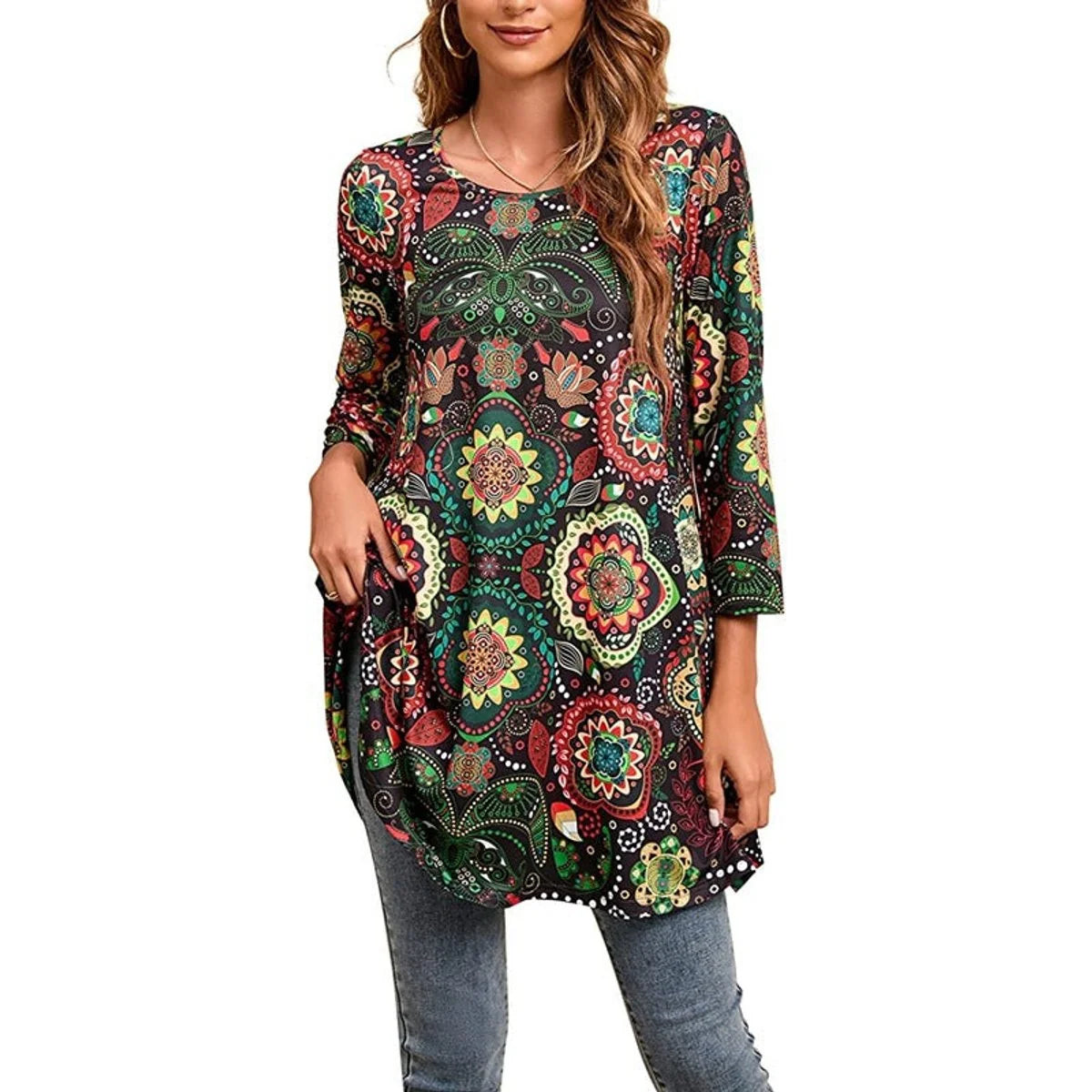 Nuana | Damen Tunika mit Buntem Mandala-Druck und 3/4-Ärmeln