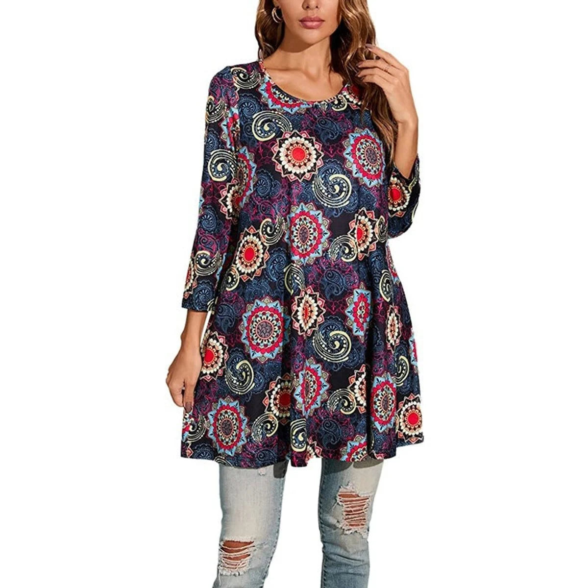 Nuana | Damen Tunika mit Buntem Mandala-Druck und 3/4-Ärmeln