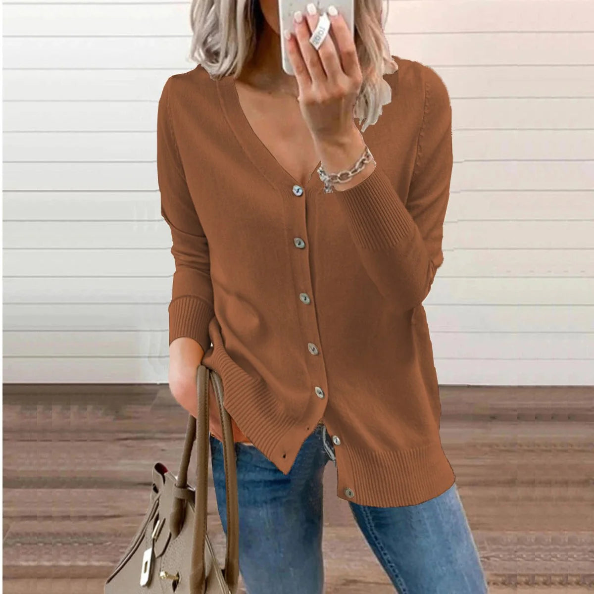 Nuana | Damen V-Ausschnitt Strickjacke Langarm Cardigan mit Knöpfen