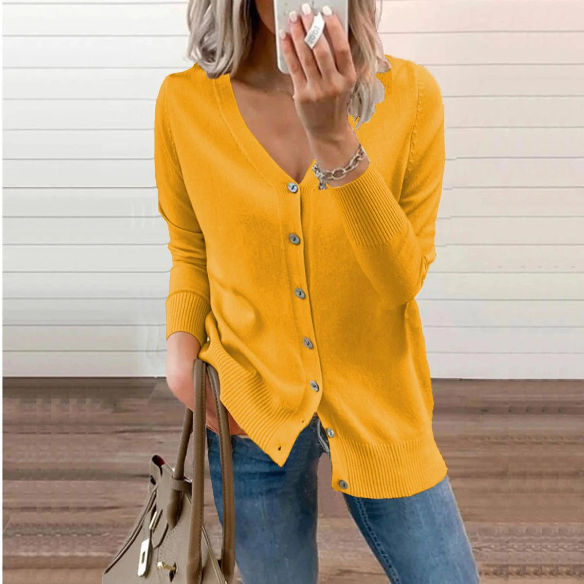 Nuana | Damen V-Ausschnitt Strickjacke Langarm Cardigan mit Knöpfen