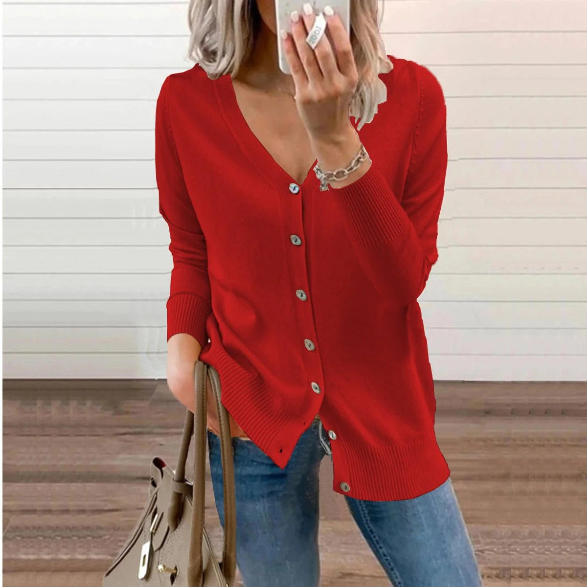 Nuana | Damen V-Ausschnitt Strickjacke Langarm Cardigan mit Knöpfen