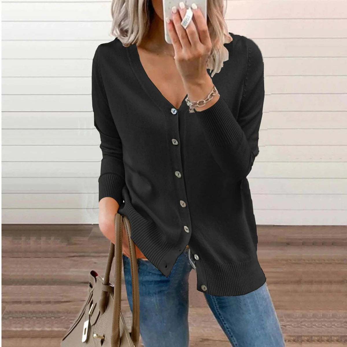 Nuana | Damen V-Ausschnitt Strickjacke Langarm Cardigan mit Knöpfen
