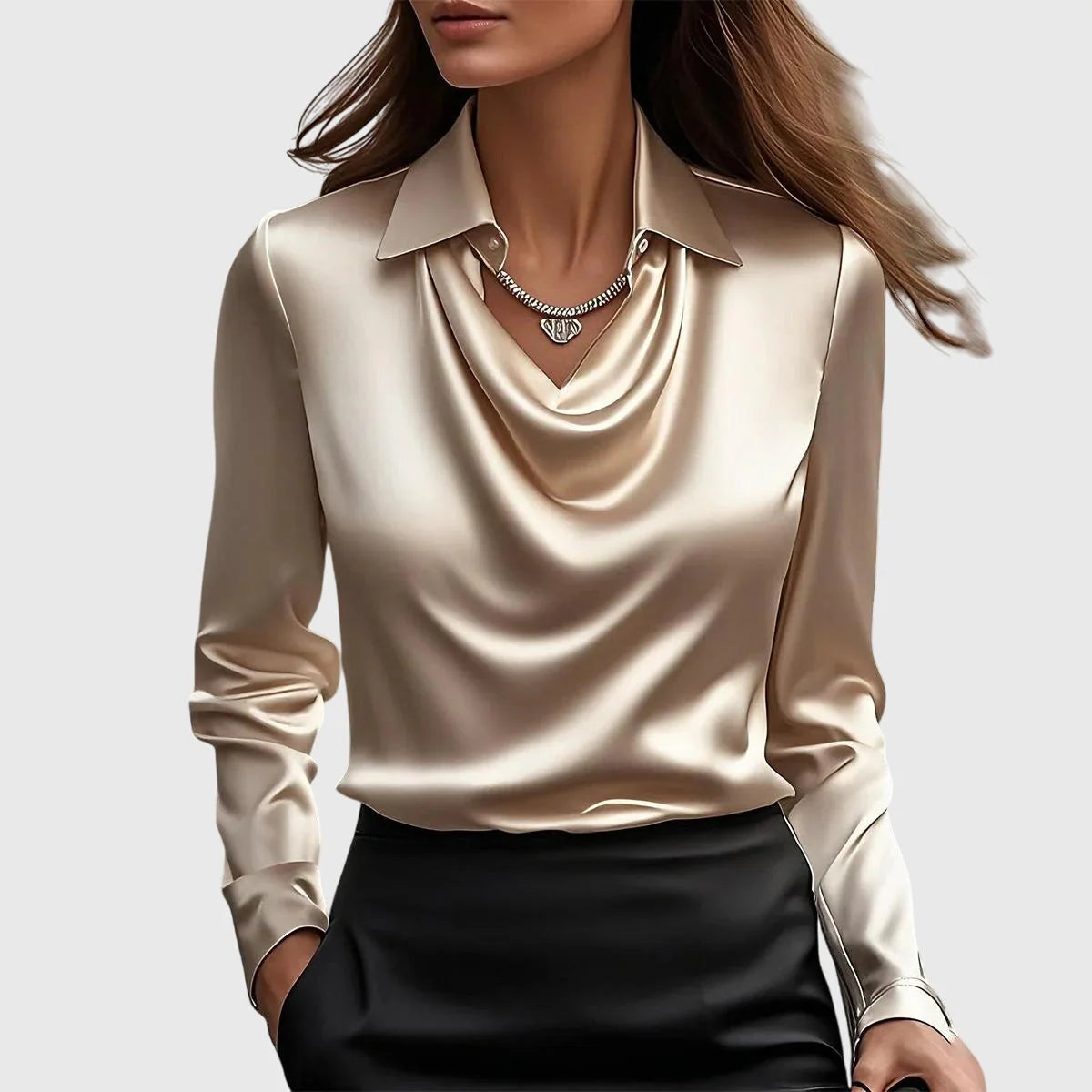 Nuana | Damen Wasserfallkragen Langarm Top