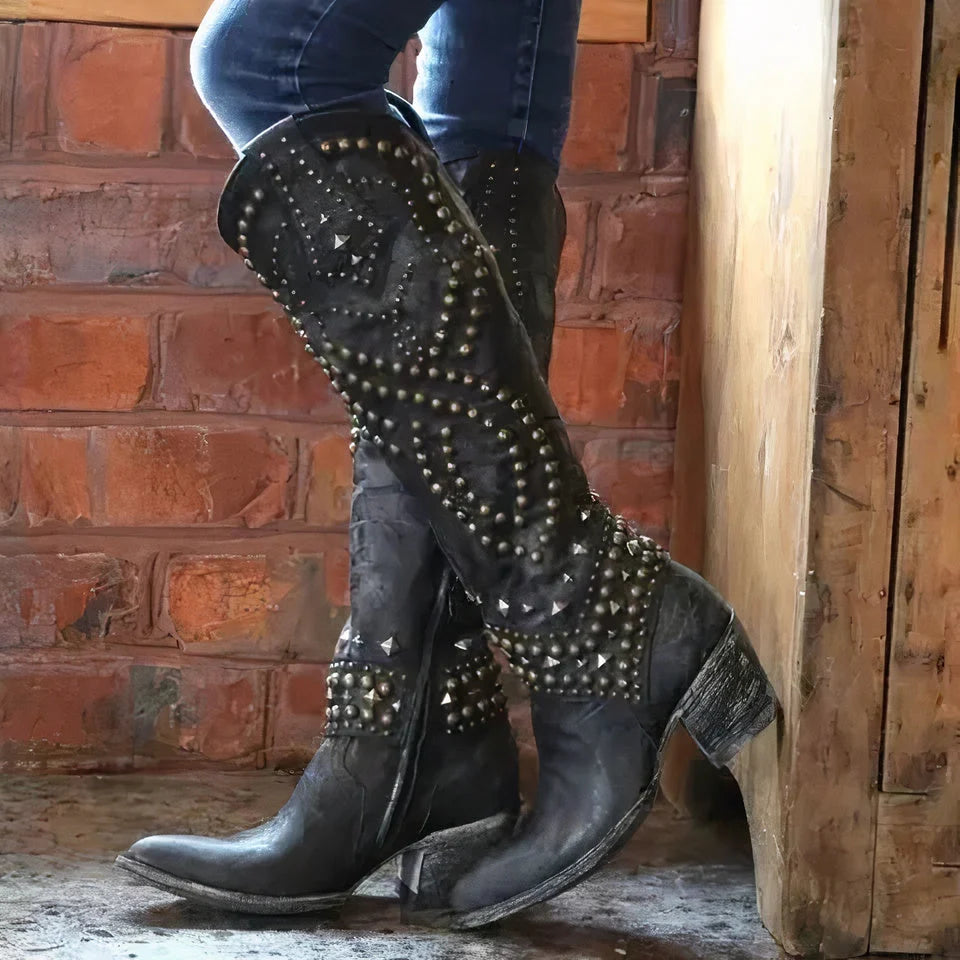 Nuana | Damen Western-Stiefeletten mit Nieten und High Heels