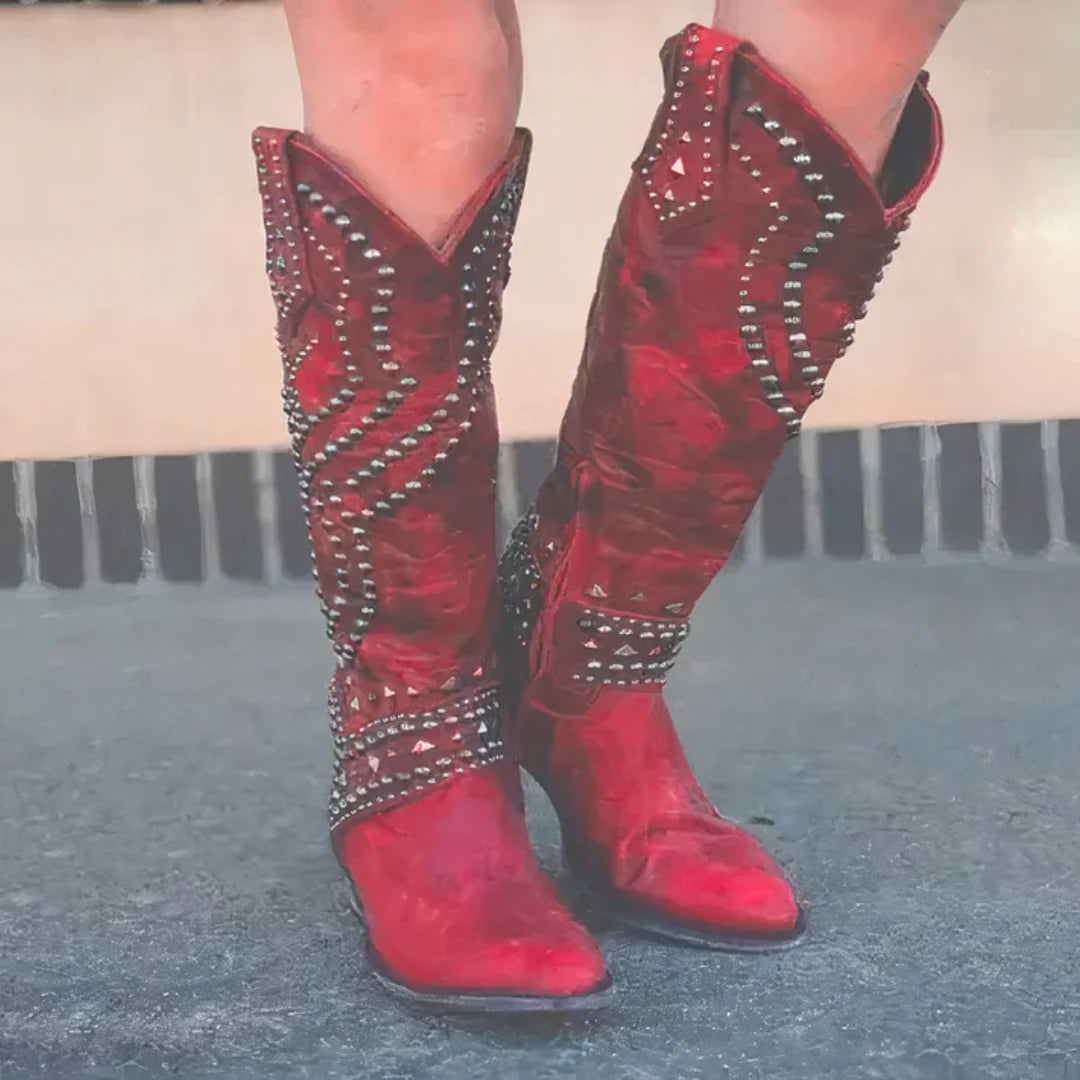 Nuana | Damen Western-Stiefeletten mit Nieten und High Heels