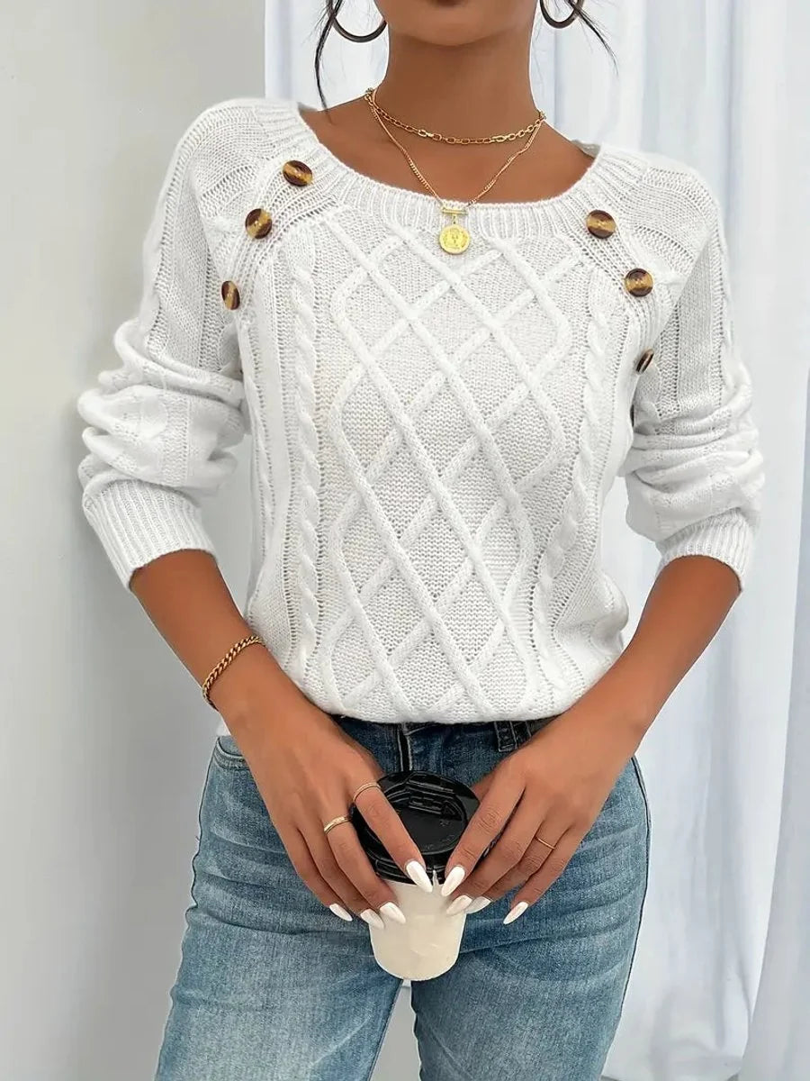 Nuana | Damen Zopfmuster Knit Sweater Rundhals Raglanärmel mit Knöpfen