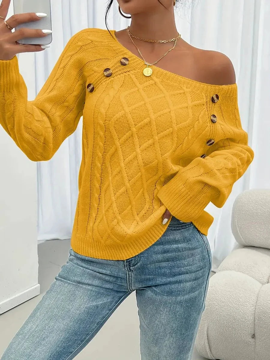 Nuana | Damen Zopfmuster Knit Sweater Rundhals Raglanärmel mit Knöpfen