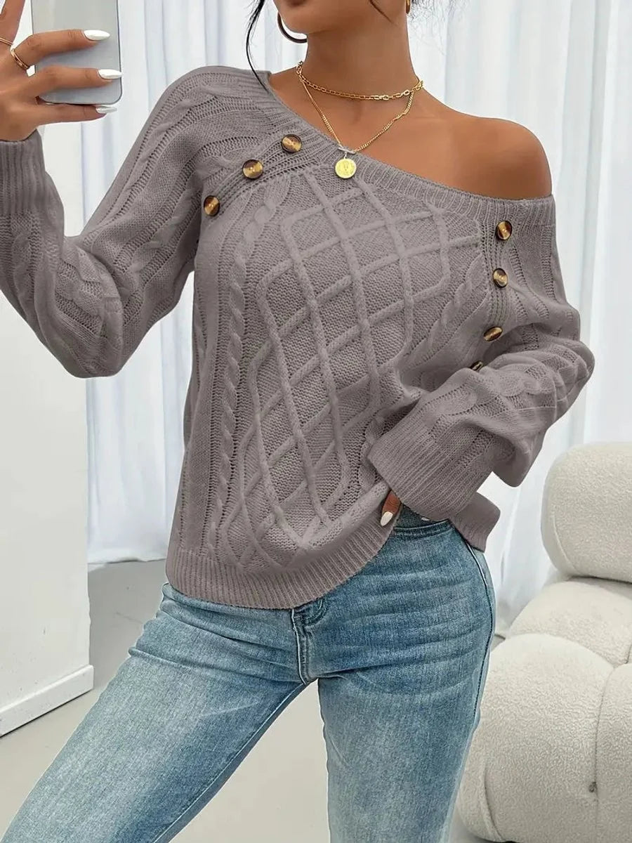 Nuana | Damen Zopfmuster Knit Sweater Rundhals Raglanärmel mit Knöpfen