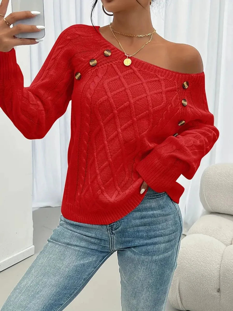 Nuana | Damen Zopfmuster Knit Sweater Rundhals Raglanärmel mit Knöpfen