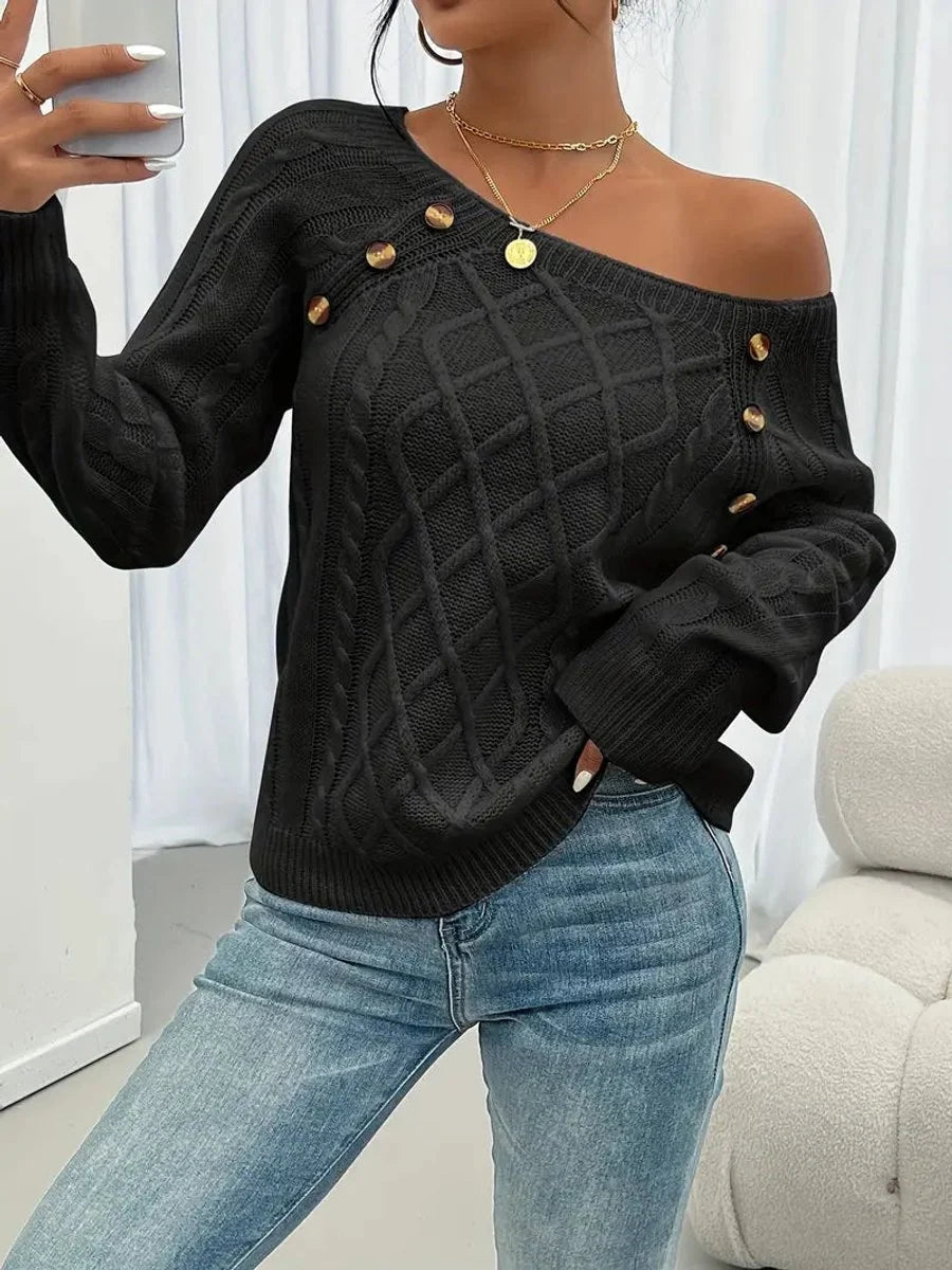 Nuana | Damen Zopfmuster Knit Sweater Rundhals Raglanärmel mit Knöpfen