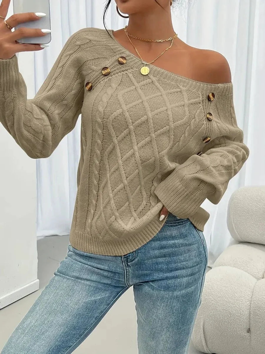 Nuana | Damen Zopfmuster Knit Sweater Rundhals Raglanärmel mit Knöpfen