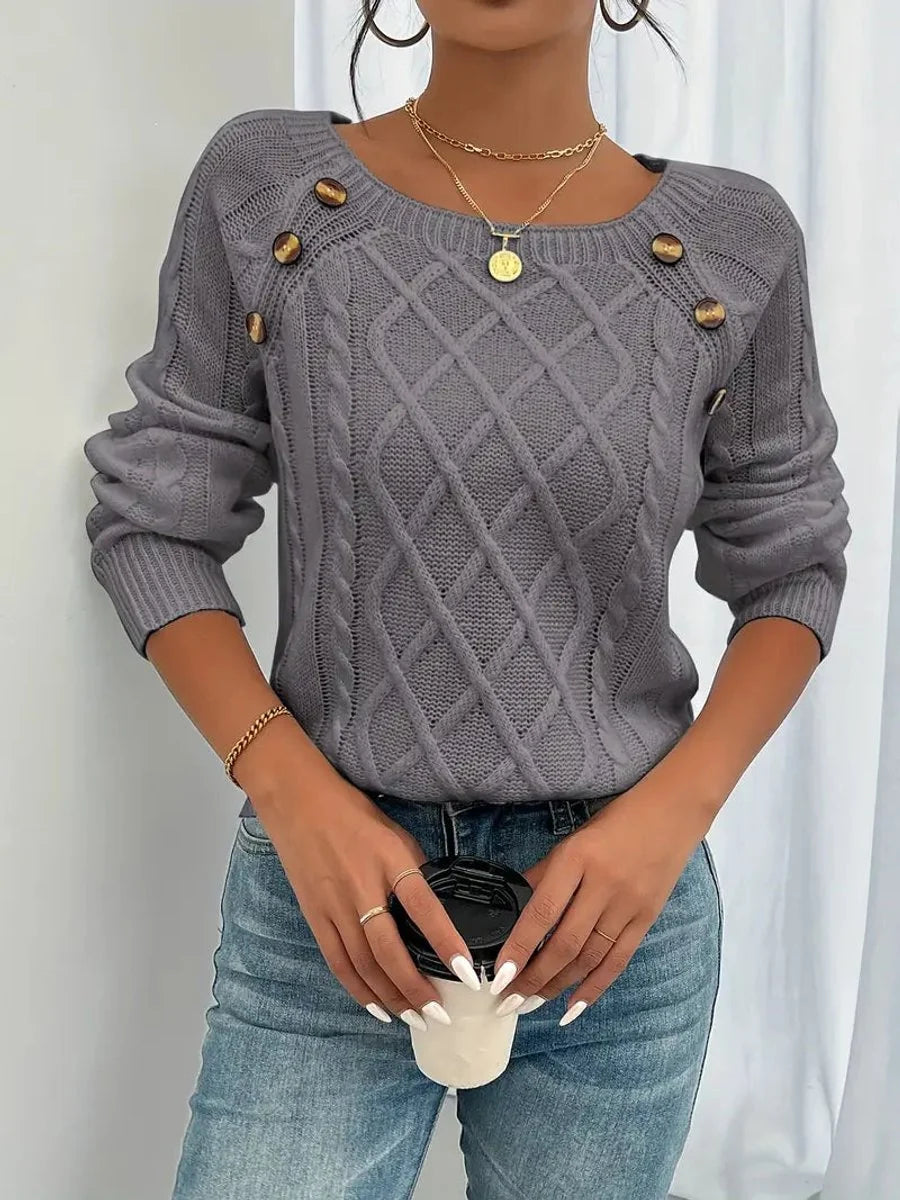 Nuana | Damen Zopfmuster Knit Sweater Rundhals Raglanärmel mit Knöpfen
