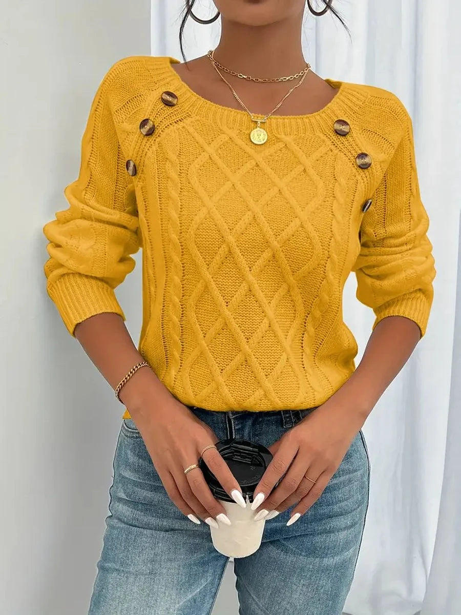 Nuana | Damen Zopfmuster Knit Sweater Rundhals Raglanärmel mit Knöpfen