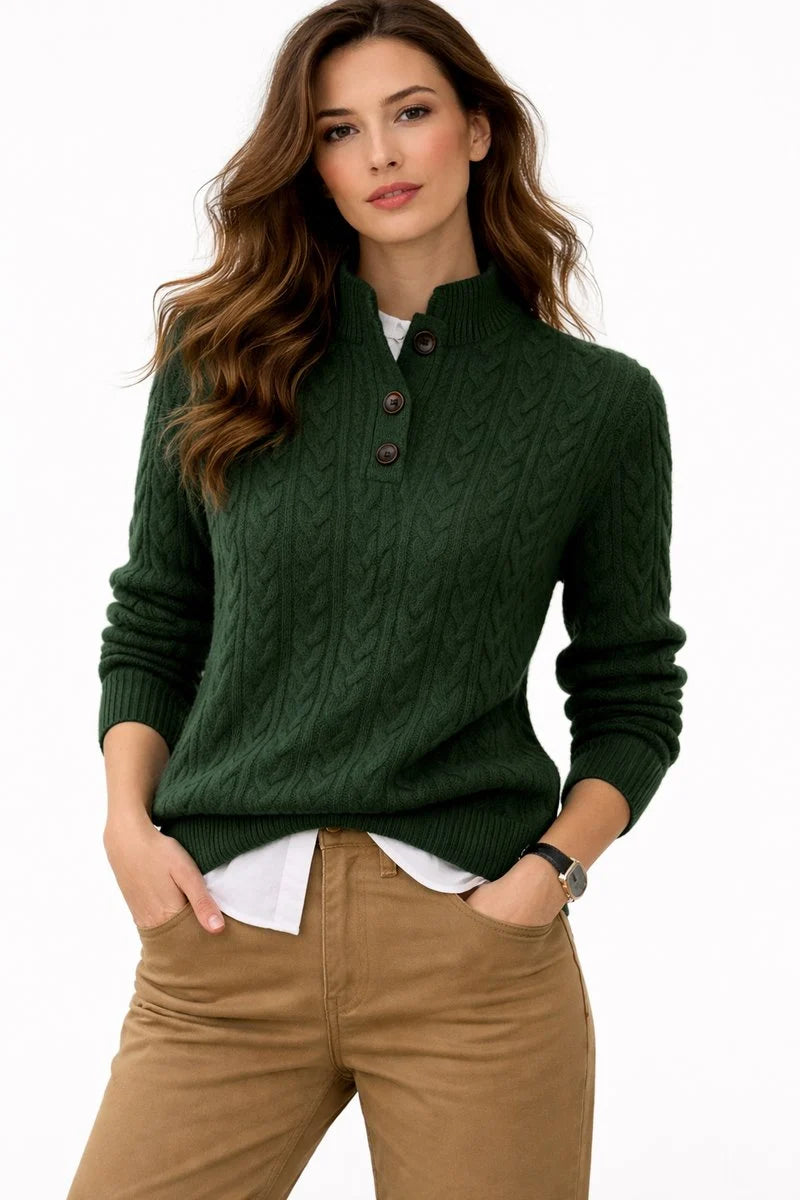 Nuana Elisabeth | Damen Kabelstrick Wollmix Rollkragen Sweater mit Knopfleiste