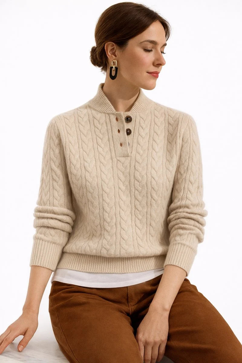 Nuana Elisabeth | Damen Kabelstrick Wollmix Rollkragen Sweater mit Knopfleiste
