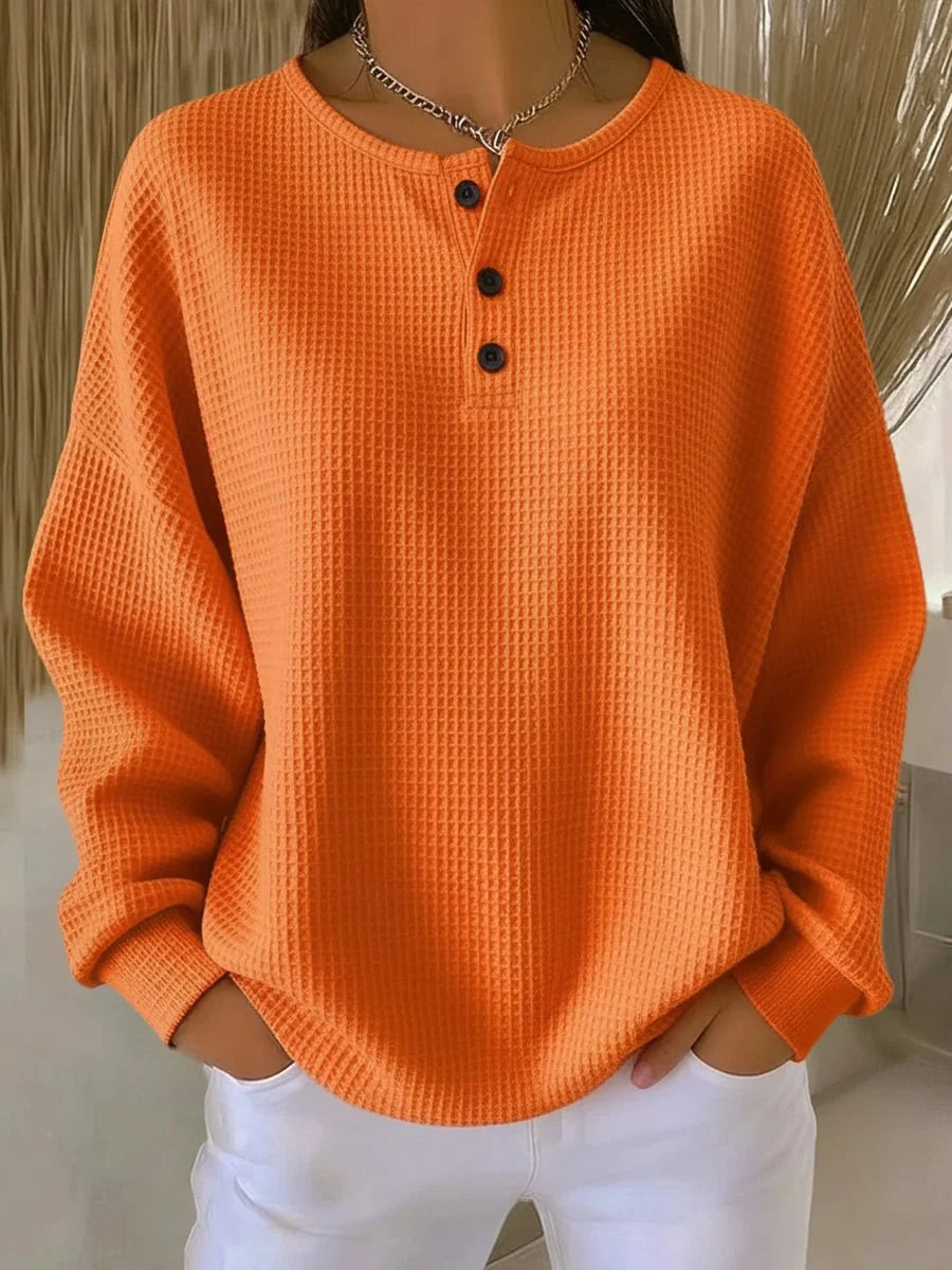 Nuana Elisabeth Damen Waffelstrick Henley Knit Sweater Langarm Oversize Pullover