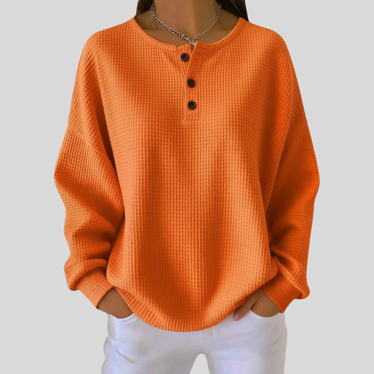Nuana Elisabeth Damen Waffelstrick Henley Knit Sweater Langarm Oversize Pullover