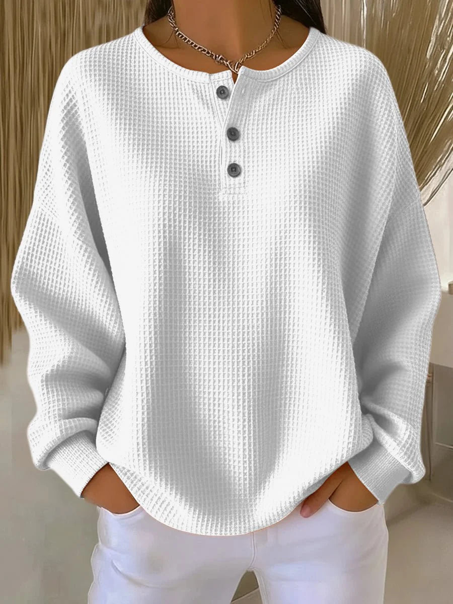 Nuana Elisabeth Damen Waffelstrick Henley Knit Sweater Langarm Oversize Pullover
