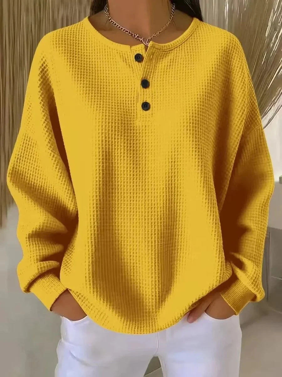 Nuana Elisabeth Damen Waffelstrick Henley Knit Sweater Langarm Oversize Pullover