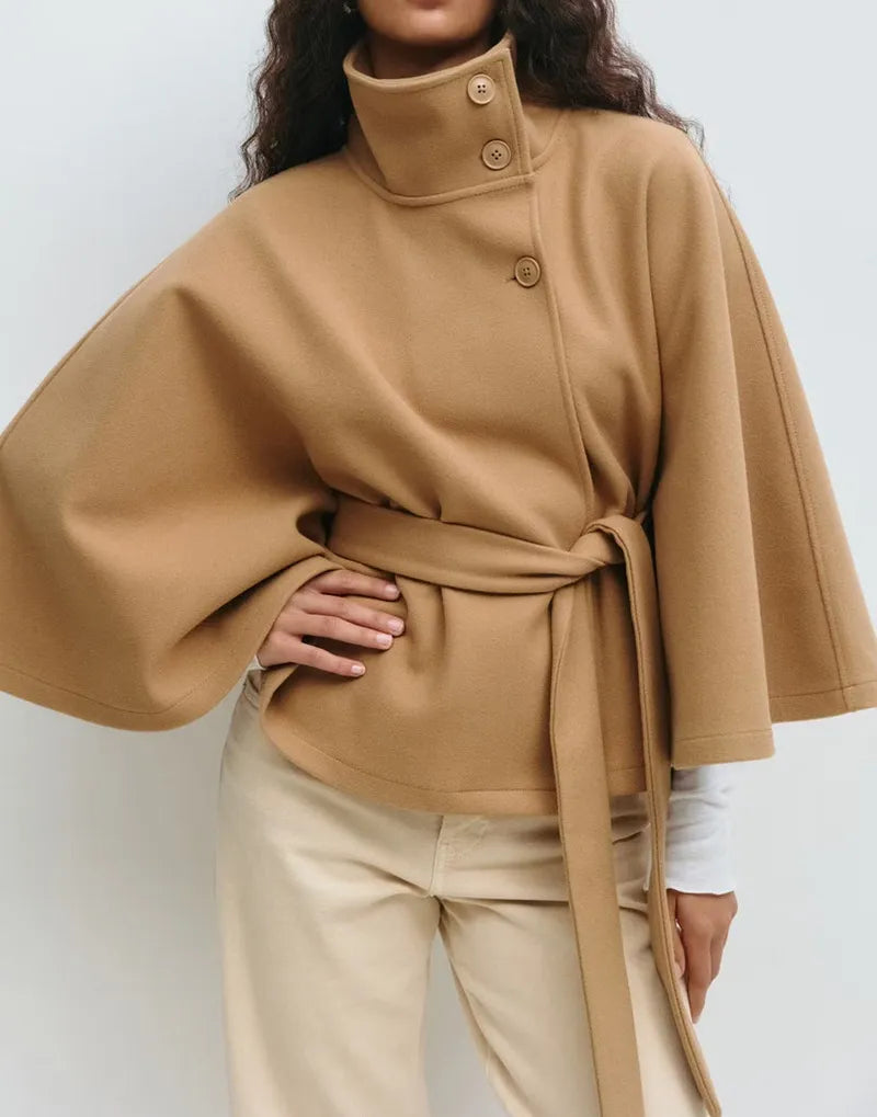 Nuana Felicia Damen Frühjahrs Cape-Mantel mit Gürtel und Stehkragen