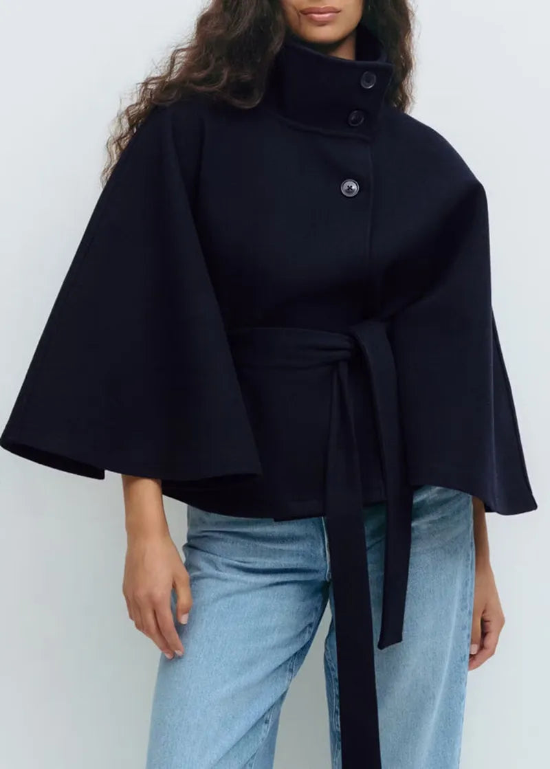 Nuana Felicia Damen Frühjahrs Cape-Mantel mit Gürtel und Stehkragen