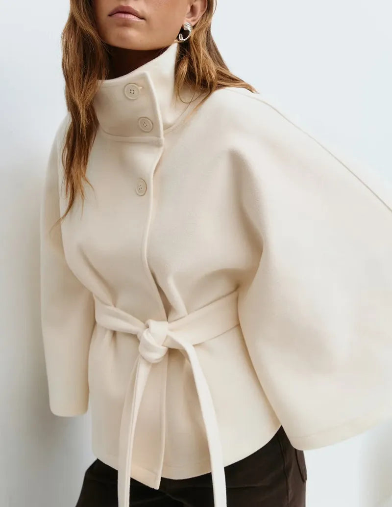 Nuana Felicia Damen Frühjahrs Cape-Mantel mit Gürtel und Stehkragen