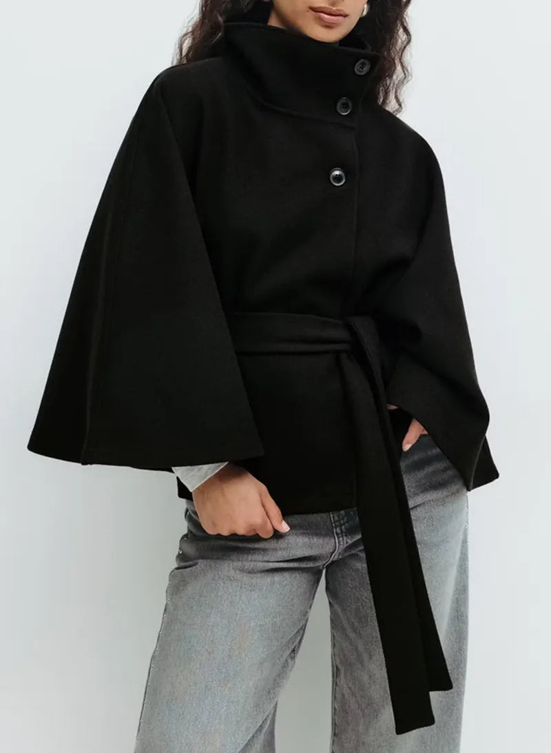 Nuana Felicia Damen Frühjahrs Cape-Mantel mit Gürtel und Stehkragen