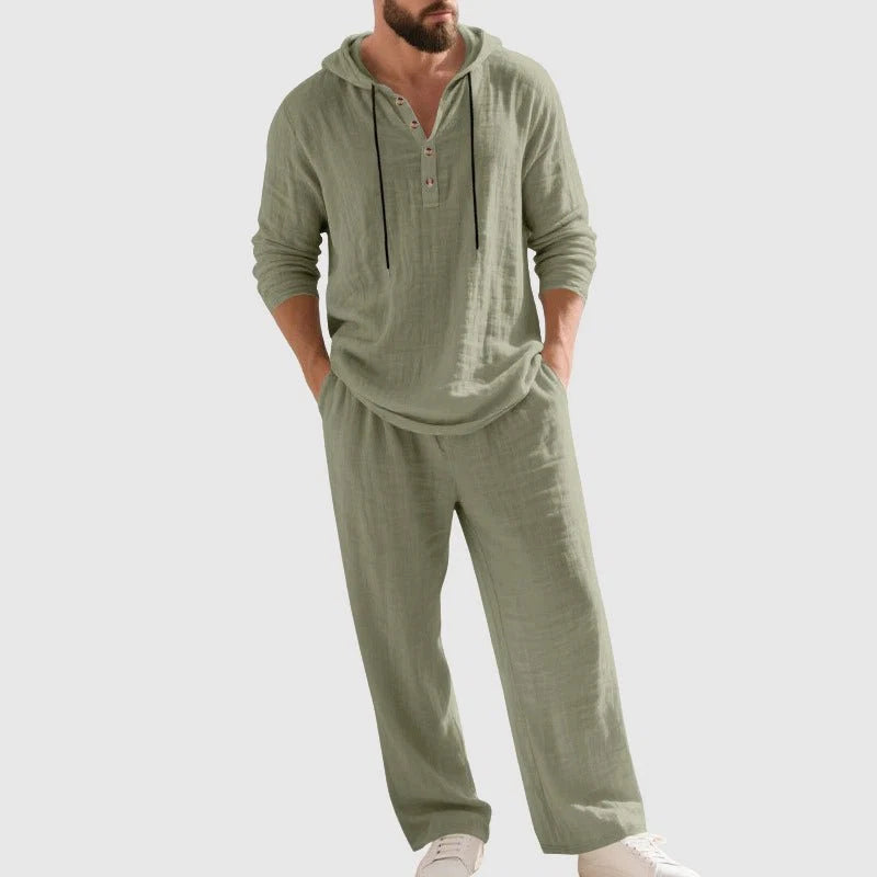 Nuana Felix | Herren Linen Hoodie Henley Zweiteiliges Freizeitset