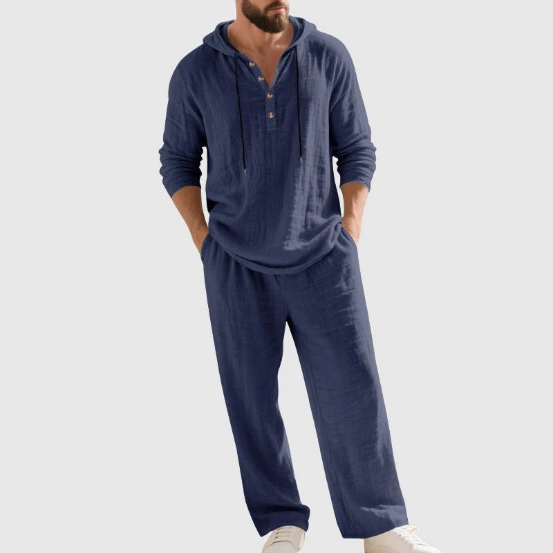 Nuana Felix | Herren Linen Hoodie Henley Zweiteiliges Freizeitset