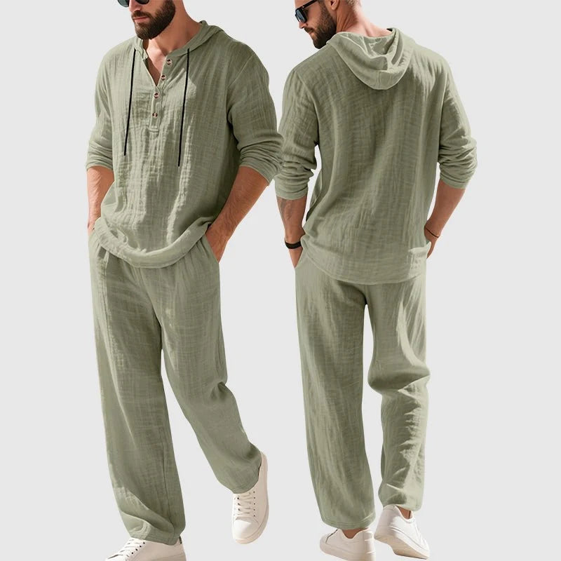 Nuana Felix | Herren Linen Hoodie Henley Zweiteiliges Freizeitset