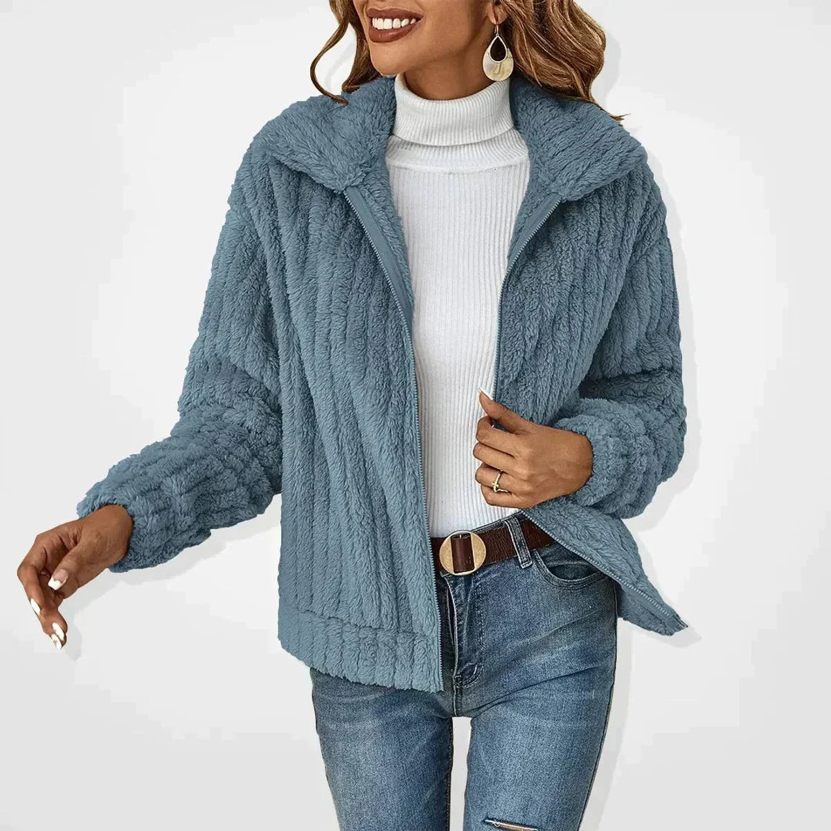 Nuana Frieda | Damen Flauschiger Oversized Reißverschluss Cardigan