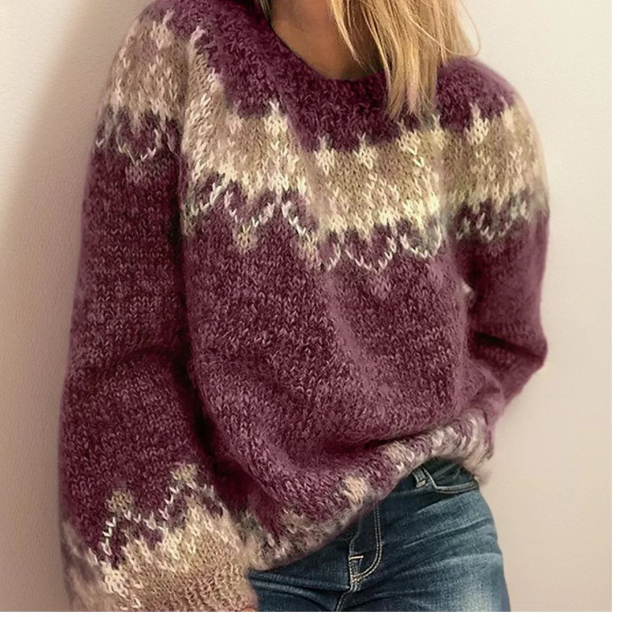 Nuana Frieda | Damen Jacquard Knit Sweater Isländischer Rundhals Pullover