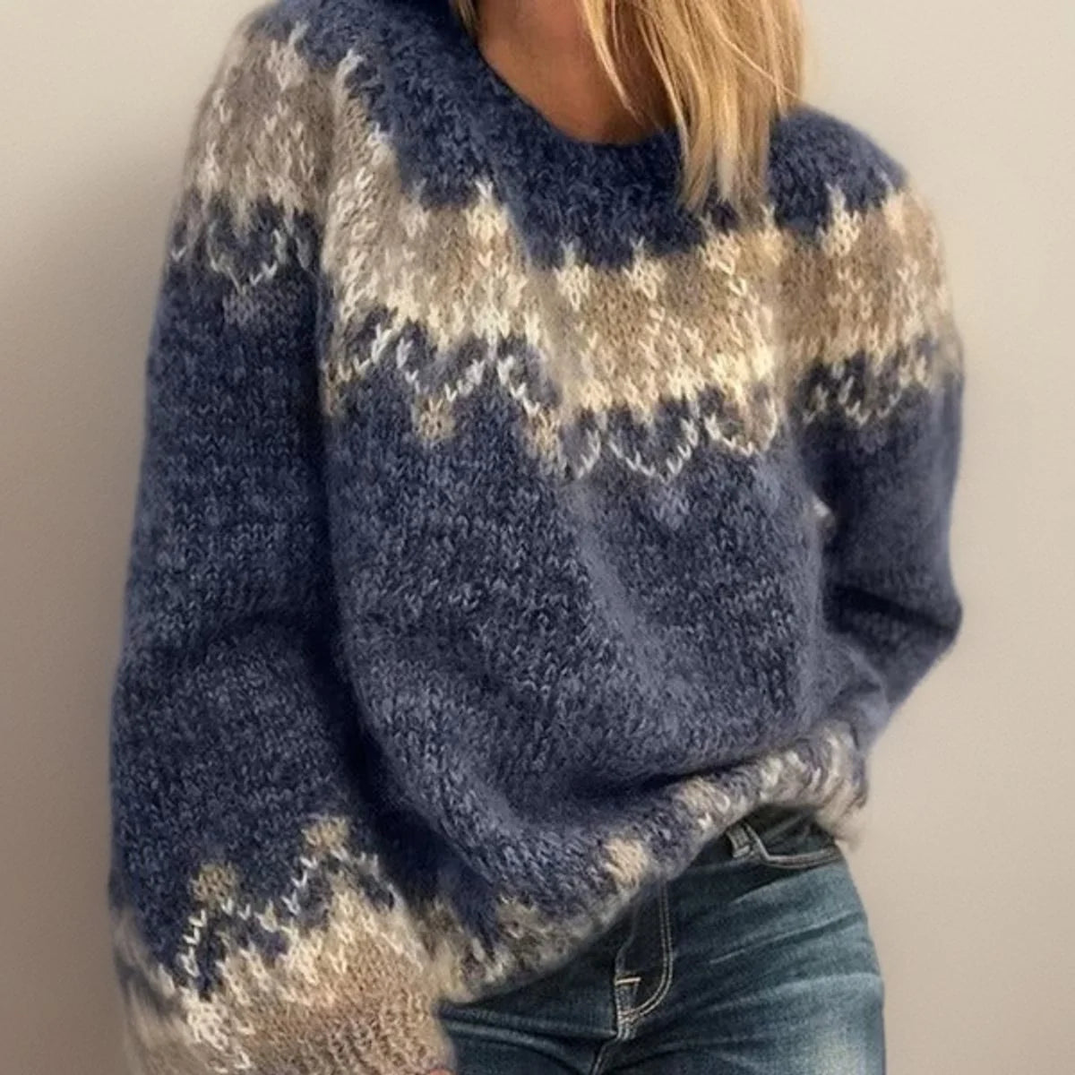 Nuana Frieda | Damen Jacquard Knit Sweater Isländischer Rundhals Pullover