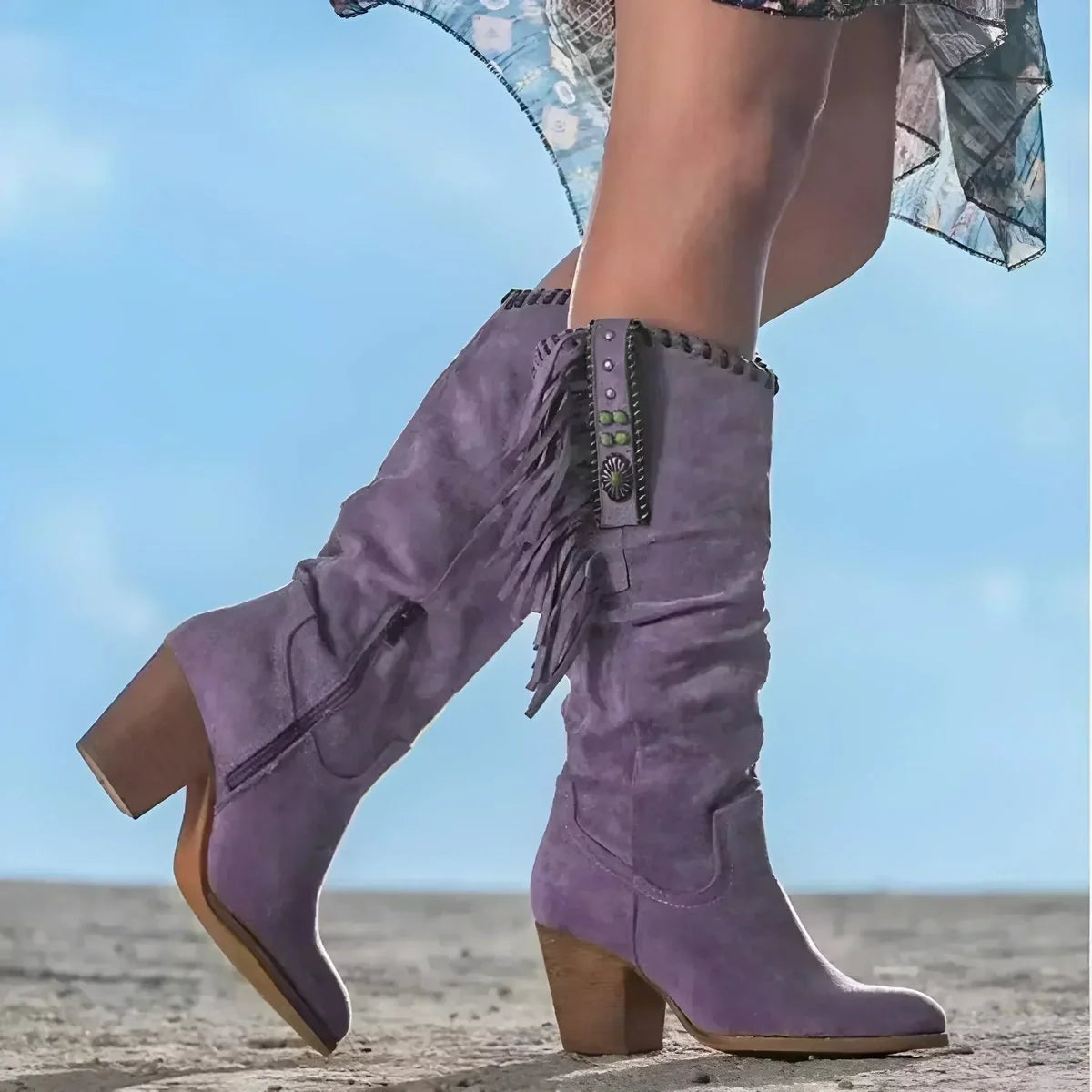 Nuana Frieda | Damen Wildleder Fransen Knee High Boots Western Cowboy Stiefel