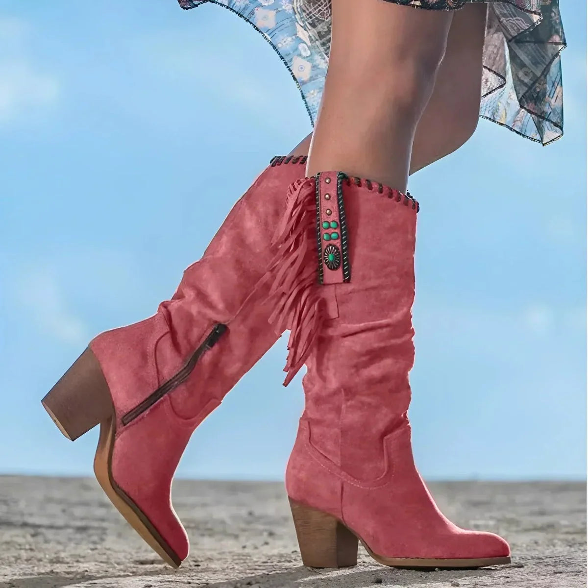 Nuana Frieda | Damen Wildleder Fransen Knee High Boots Western Cowboy Stiefel