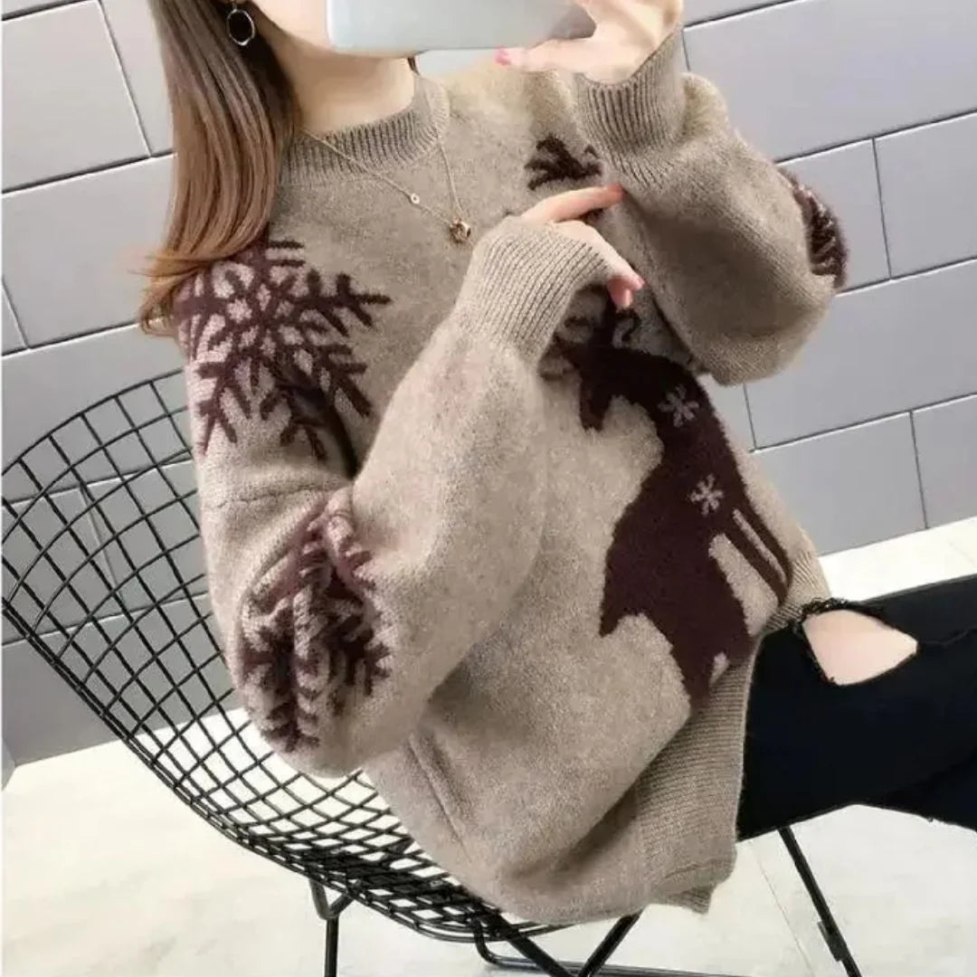 Nuana | Gestrickter Damen-Weihnachtspullover mit Rentiermotiv