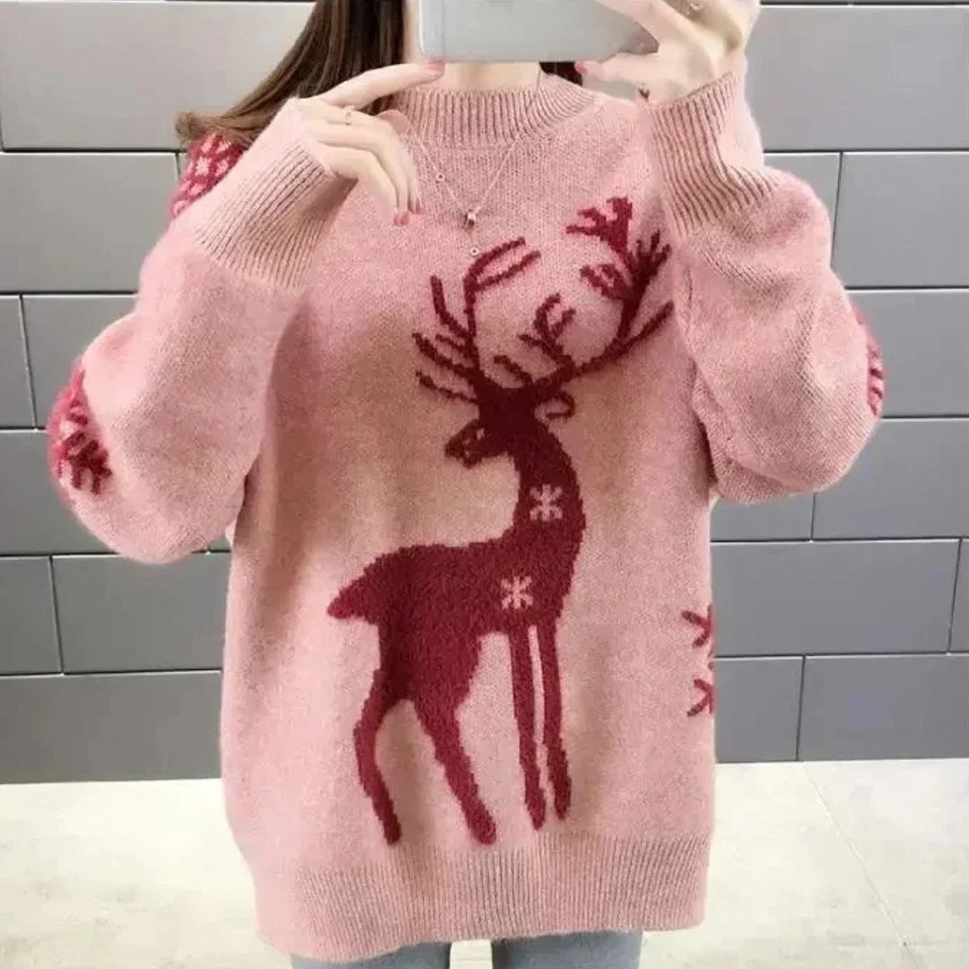 Nuana | Gestrickter Damen-Weihnachtspullover mit Rentiermotiv