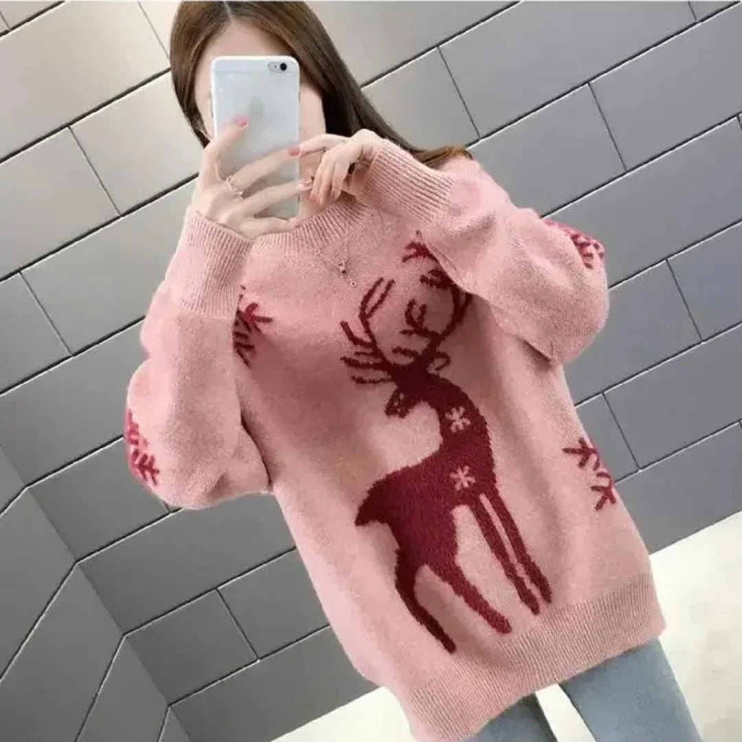 Nuana | Gestrickter Damen-Weihnachtspullover mit Rentiermotiv