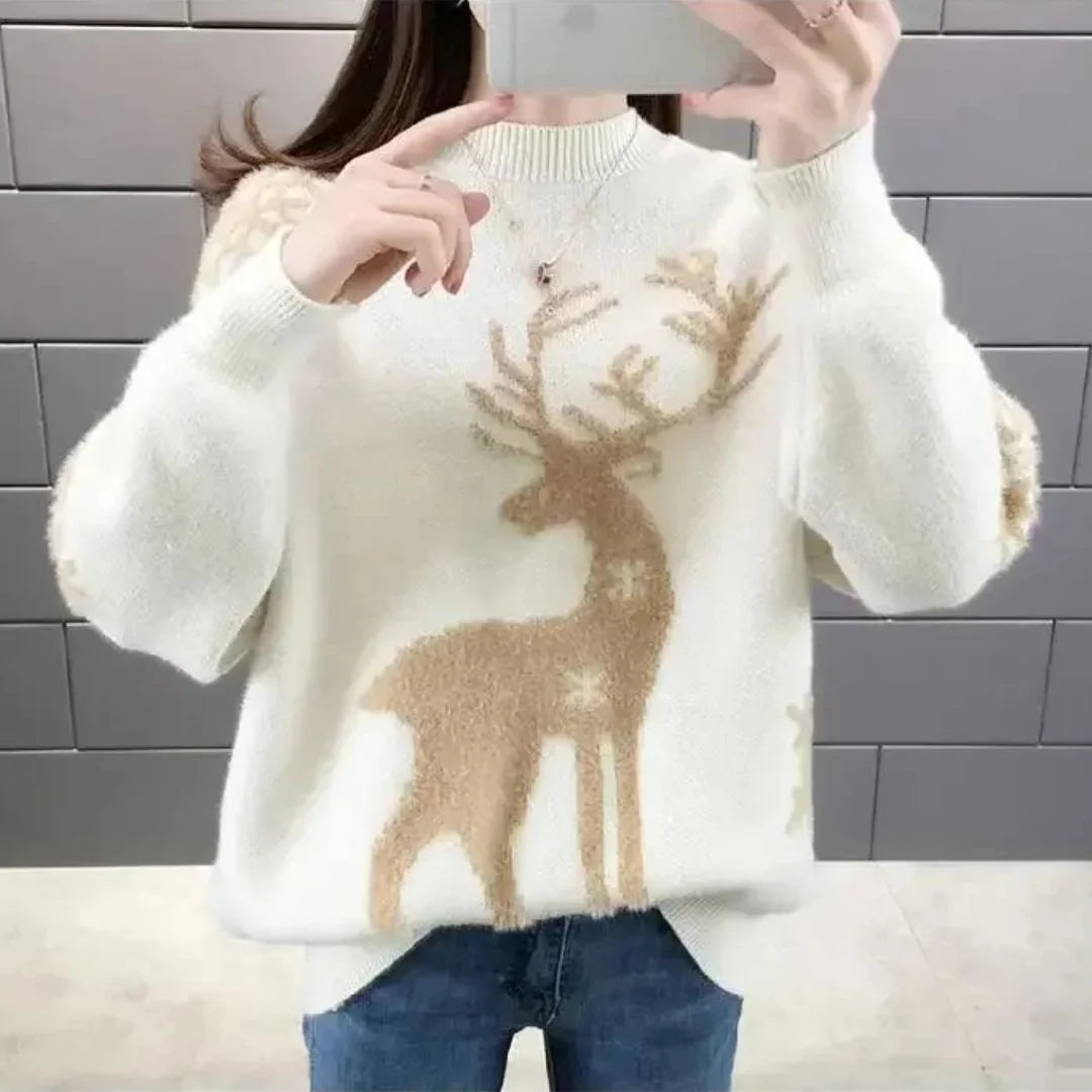 Nuana | Gestrickter Damen-Weihnachtspullover mit Rentiermotiv