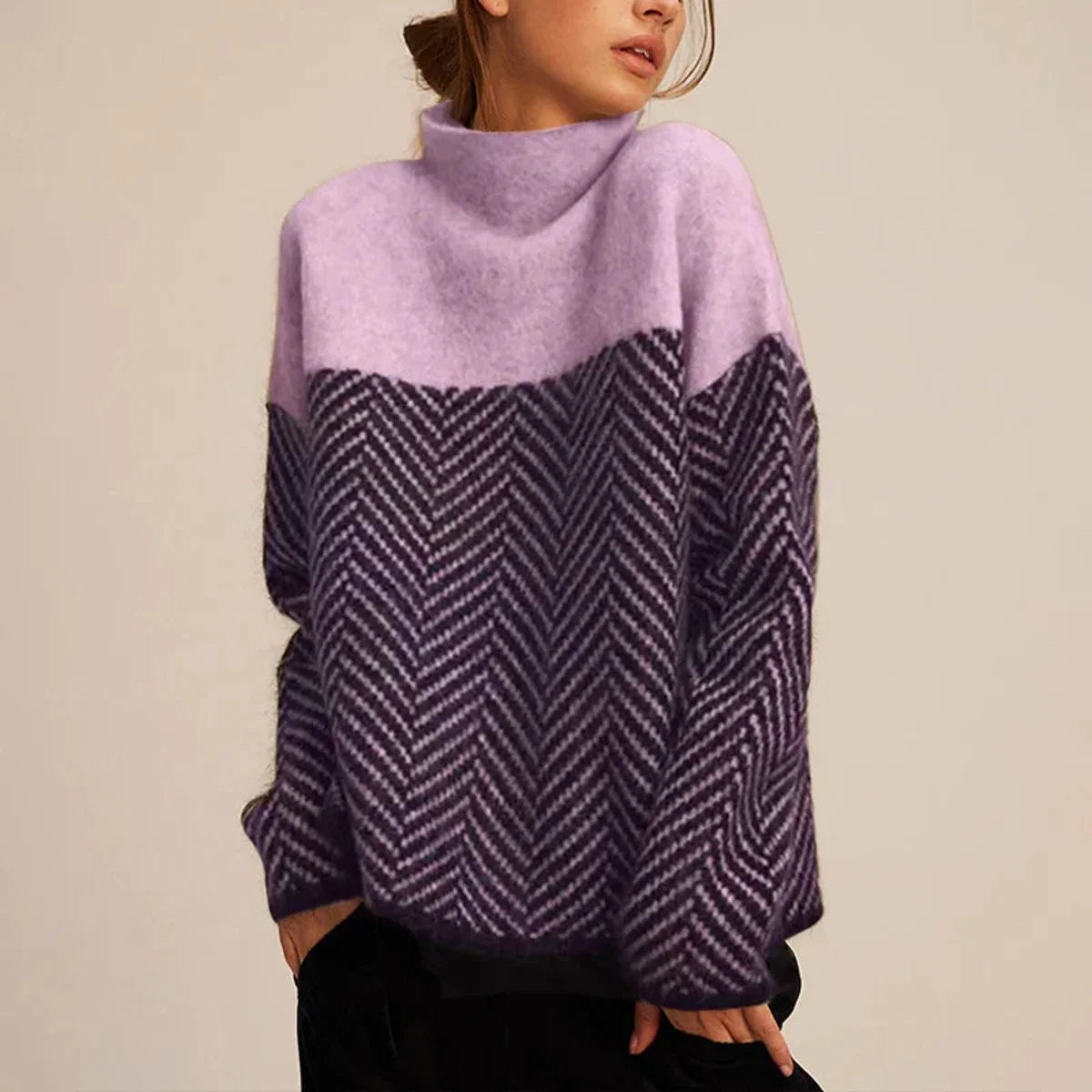 Nuana Greta Damen Rollkragen Pullover Oversized Fischgrätmuster