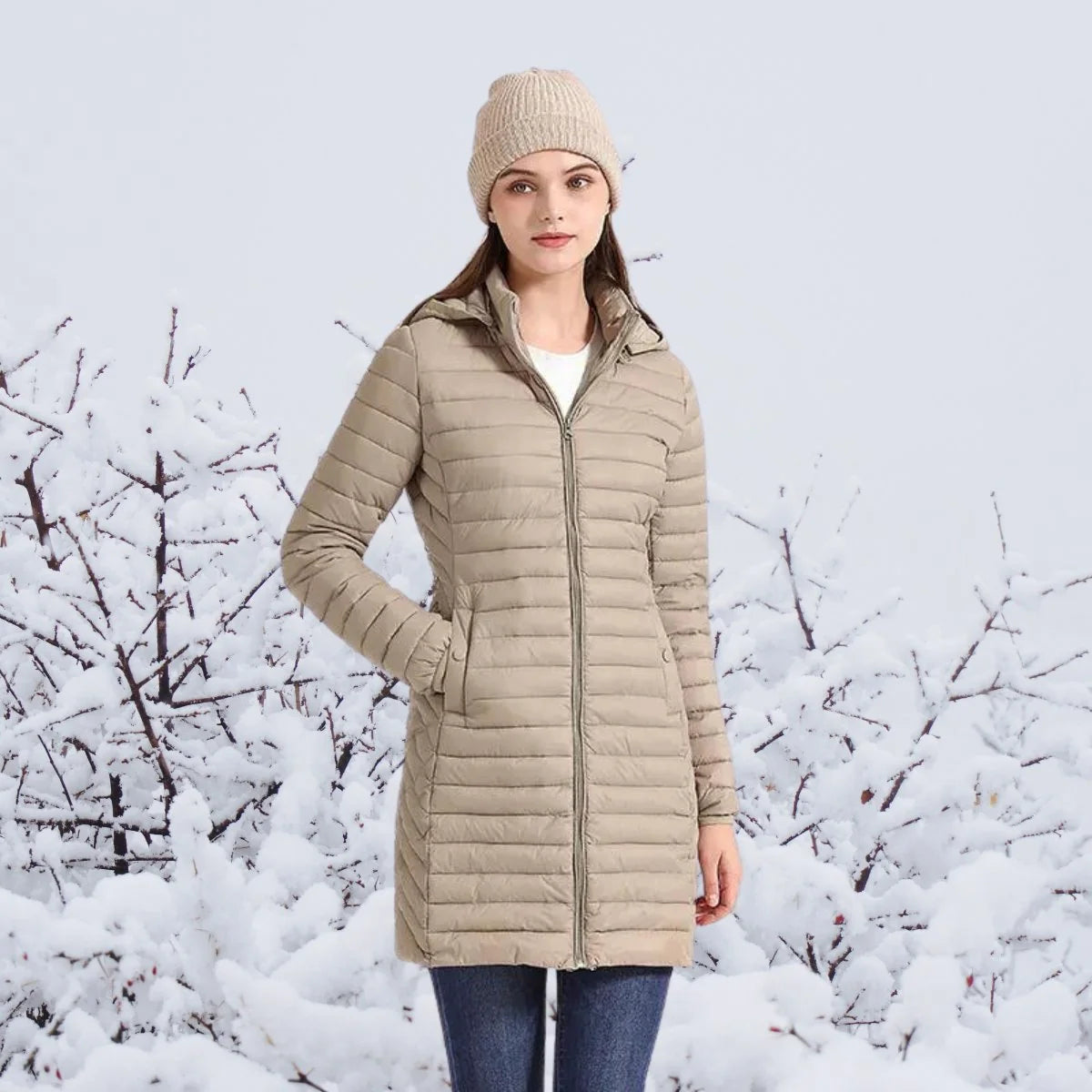 Nuana Greta | Wintermantel Damen Ultraleichter Langer Gesteppter Parka mit Kapuze