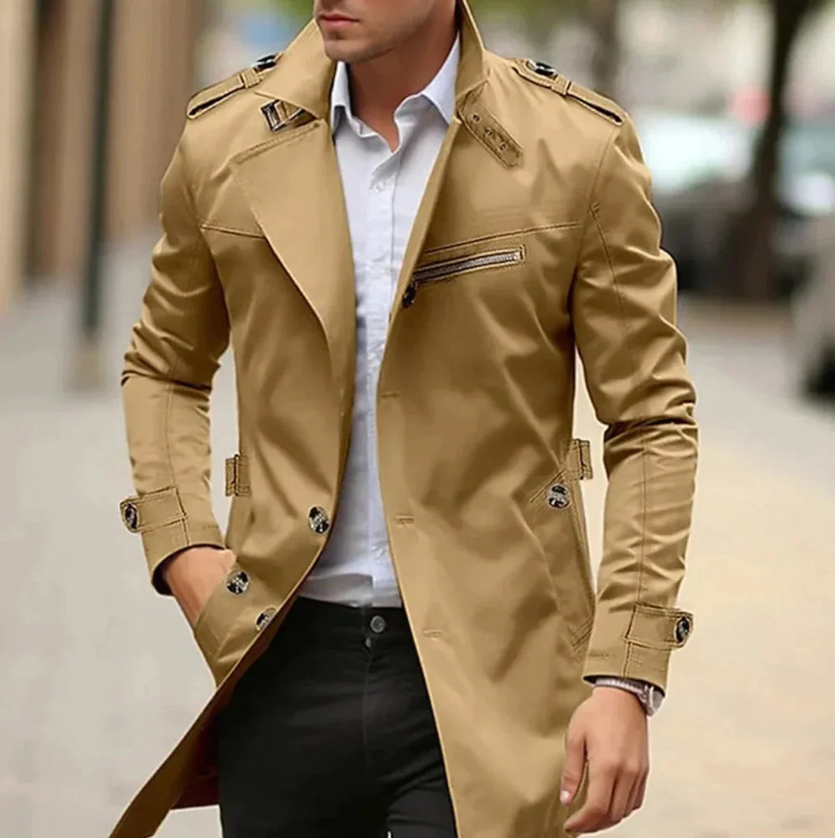 Nuana | Herren Eleganter Wool Coat Klassischer Trenchcoat mit Schulterriemen