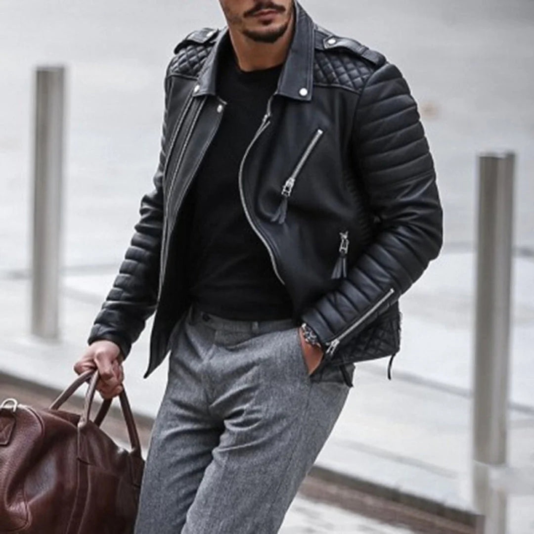 Nuana | Herren Gepolsterte Biker Stil Lederjacke mit Reißverschluss
