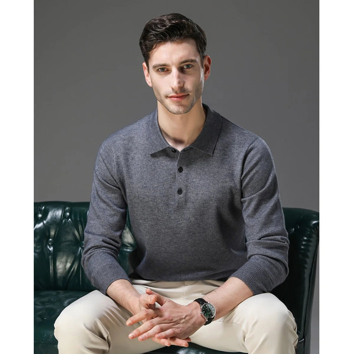 Nuana | Herren Kaschmir Polo Knit Sweater Langarm Business Strickpullover