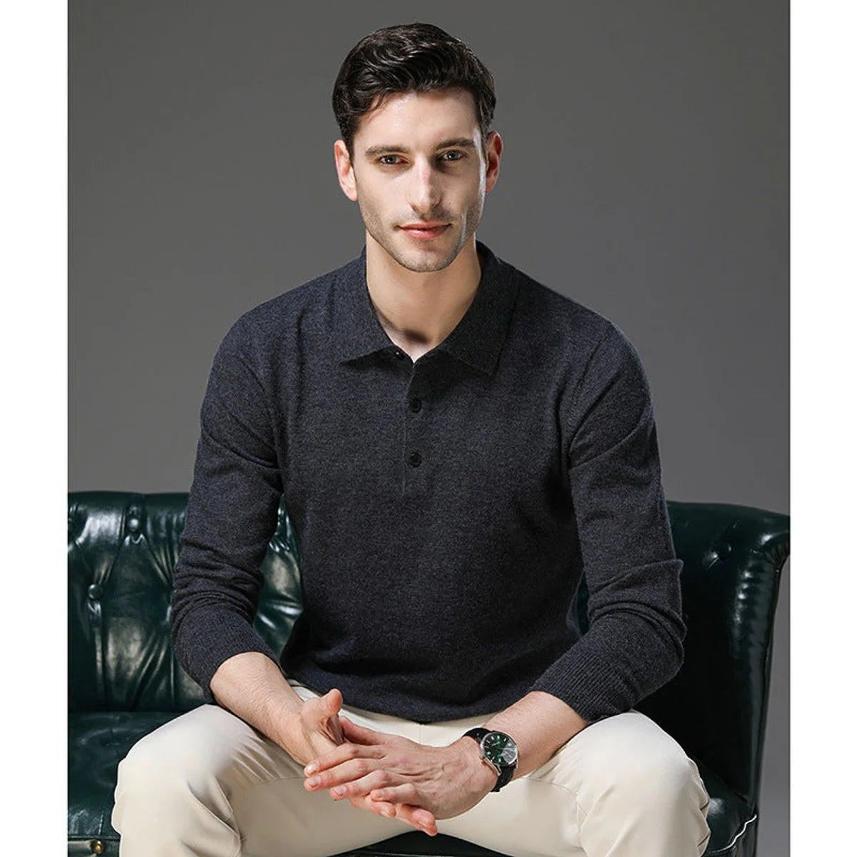 Nuana | Herren Kaschmir Polo Knit Sweater Langarm Business Strickpullover