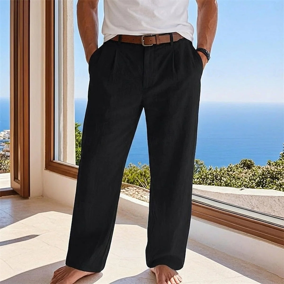 Nuana Herren Leinen Sommerhose Locker Geschnittene Freizeithose