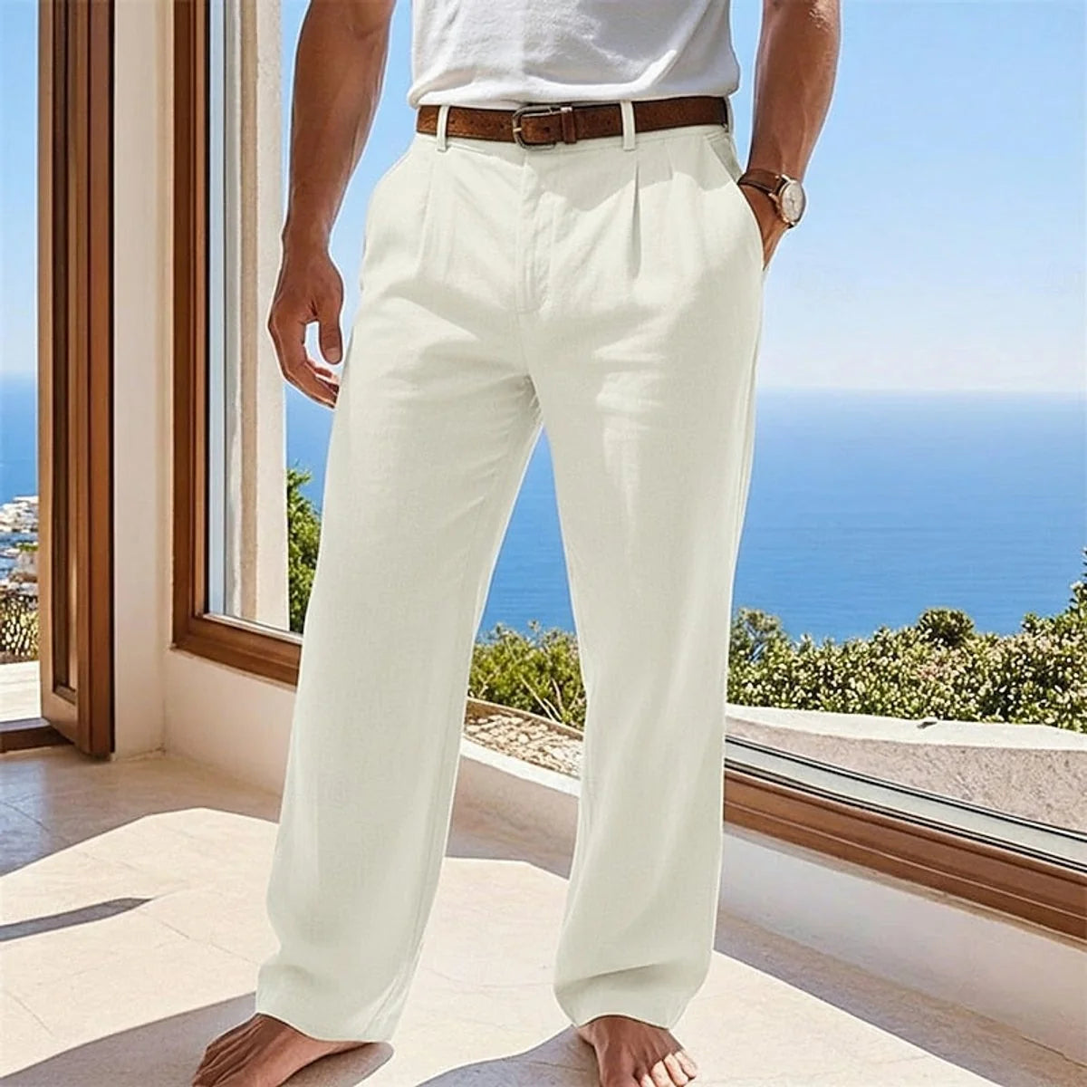 Nuana Herren Leinen Sommerhose Locker Geschnittene Freizeithose