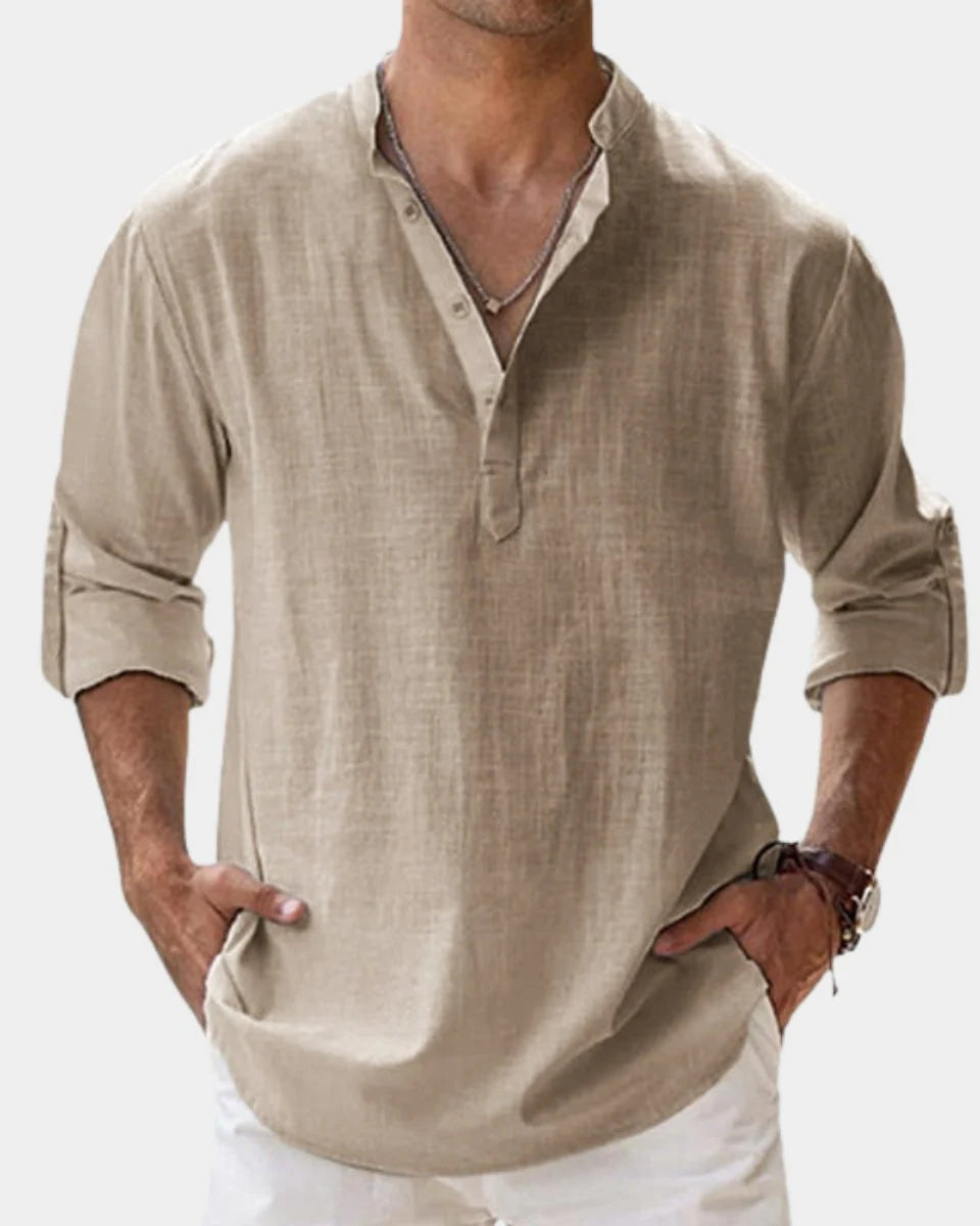 Nuana | Herren Leinenhemd Langarm Henley-Kragen Freizeithemd