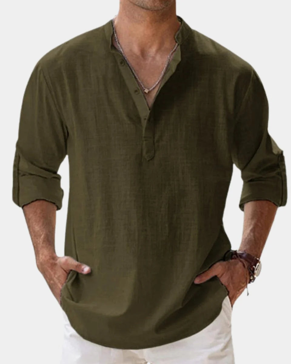 Nuana | Herren Leinenhemd Langarm Henley-Kragen Freizeithemd