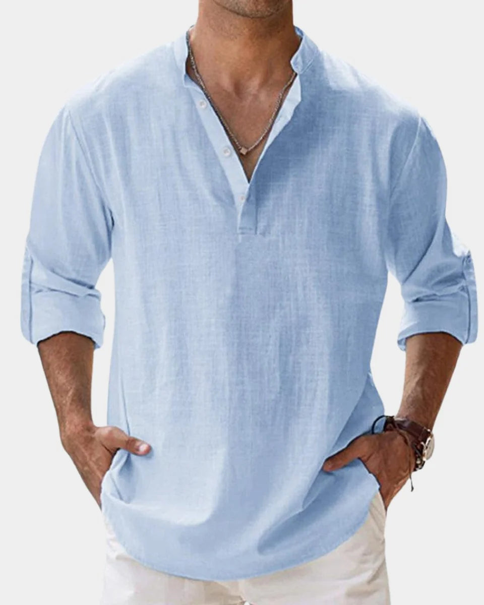 Nuana | Herren Leinenhemd Langarm Henley-Kragen Freizeithemd